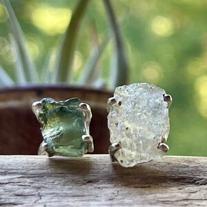 Extreme Rare Czech Moldavite & Libyan Desert Glass 925 Ring | sz adjustable